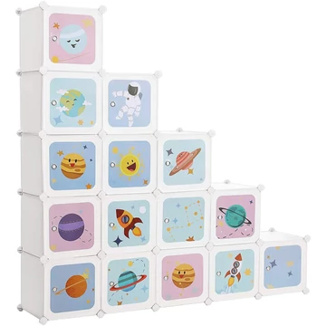 15 kockás játéktároló, játékrendező szekrény 153x31x153 cm, űrutazás téma
