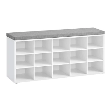 Cipőpad, cipős szekrénypárnázott üléssel, fehér és szürke, 105x30x48