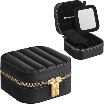 Utazó ékszertok, kis ékszerdoboz-rendező tükörrel, fekete Utazó ékszertok, kis ékszerdoboz-rendező tükörrel, fekete