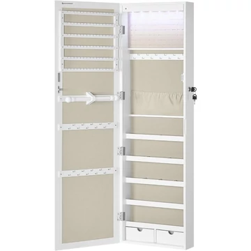 Ékszerszekrény falra szerelhető, zárható tároló tükörrel és több rekesszel – fehér/bézs Ékszerszekrény falra szerelhető, zárható tároló tükörrel és több rekesszel – fehér/bézs