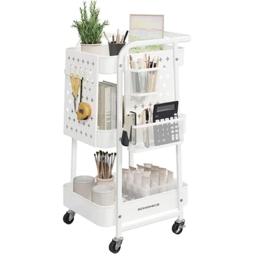 Tárolókocsi 3 fémhálós polccal fehér színben