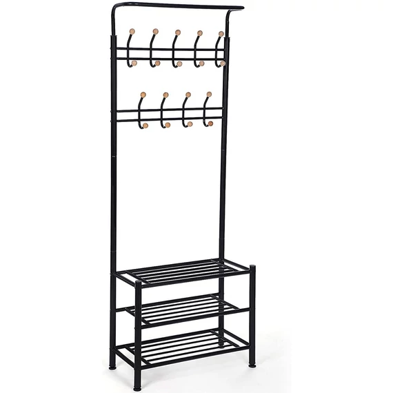 Bejárati Ruhafogas, Ruhaállvány cipőtárolóval 187cm, fekete