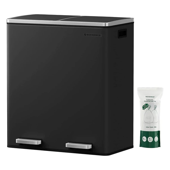 Légmentes fém pedálos dupla szemetes, 2 x 30L, 15 szemeteszsákkal, fekete