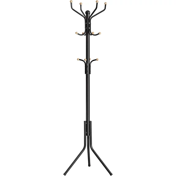 Álló fogas 12 kampóval, stabil fém kabáttartó,182 cm magas, fekete