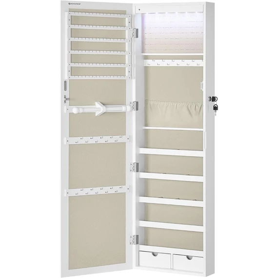 Ékszerszekrény falra szerelhető, zárható tároló tükörrel és több rekesszel – fehér/bézs Ékszerszekrény falra szerelhető, zárható tároló tükörrel és több rekesszel – fehér/bézs