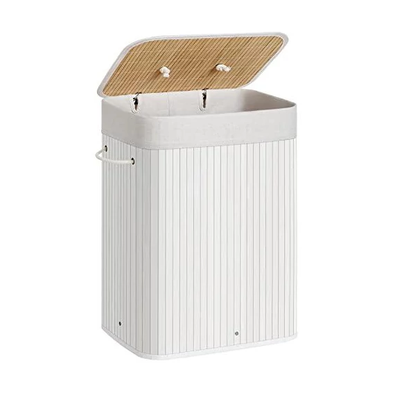 Bambusz szennyeskosár, 72L, összecsukható, téglalap alakú tárolókosár 3 fogantyúval, 40 × 30 × 60 cm, fehér