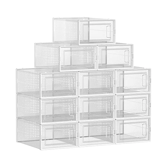 Cipődobozok, 12 darabos készlet, műanyag cipőrendező 44-es méretig, átlátszó-fehér