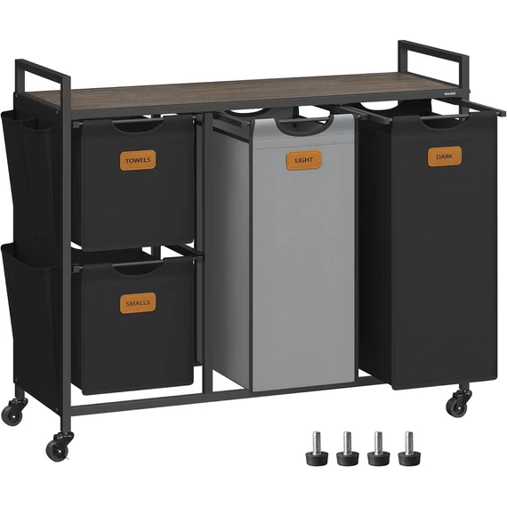 Szennyeskosár 4 rekesszel, 150 L-es ruhaválogató, fekete-szürke