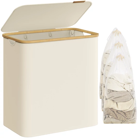 Szennyestartó Oxford szövet, 150L, kivehető hálós zsák, bambusz fogantyú krémfehér Szennyestartó Oxford szövet, 150L, kivehető hálós zsák, bambusz fogantyú krémfehér