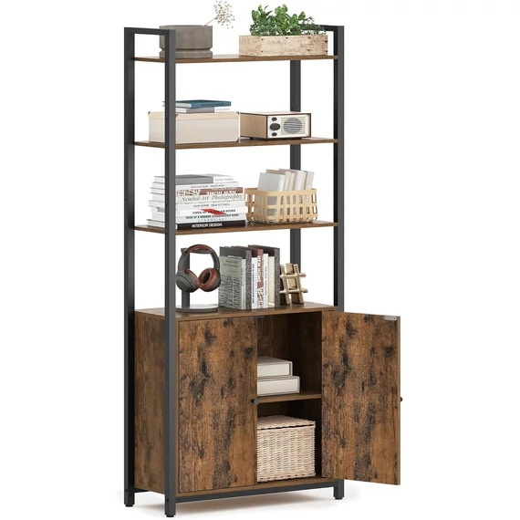 Könyvespolc, 6 szintes, állópolc ajtókkal, 24 × 60 × 159,5 cm, vintage barna–tintafekete