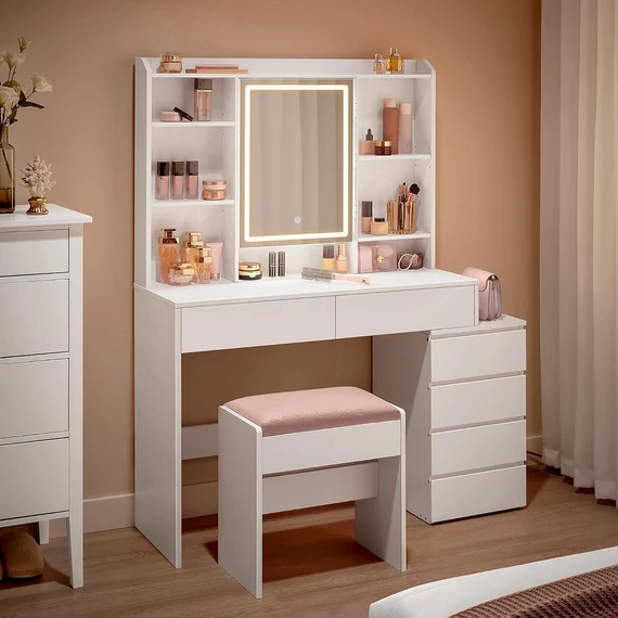 VASAGLE sminkasztal LED-világítással, székkel, felhőfehér színben