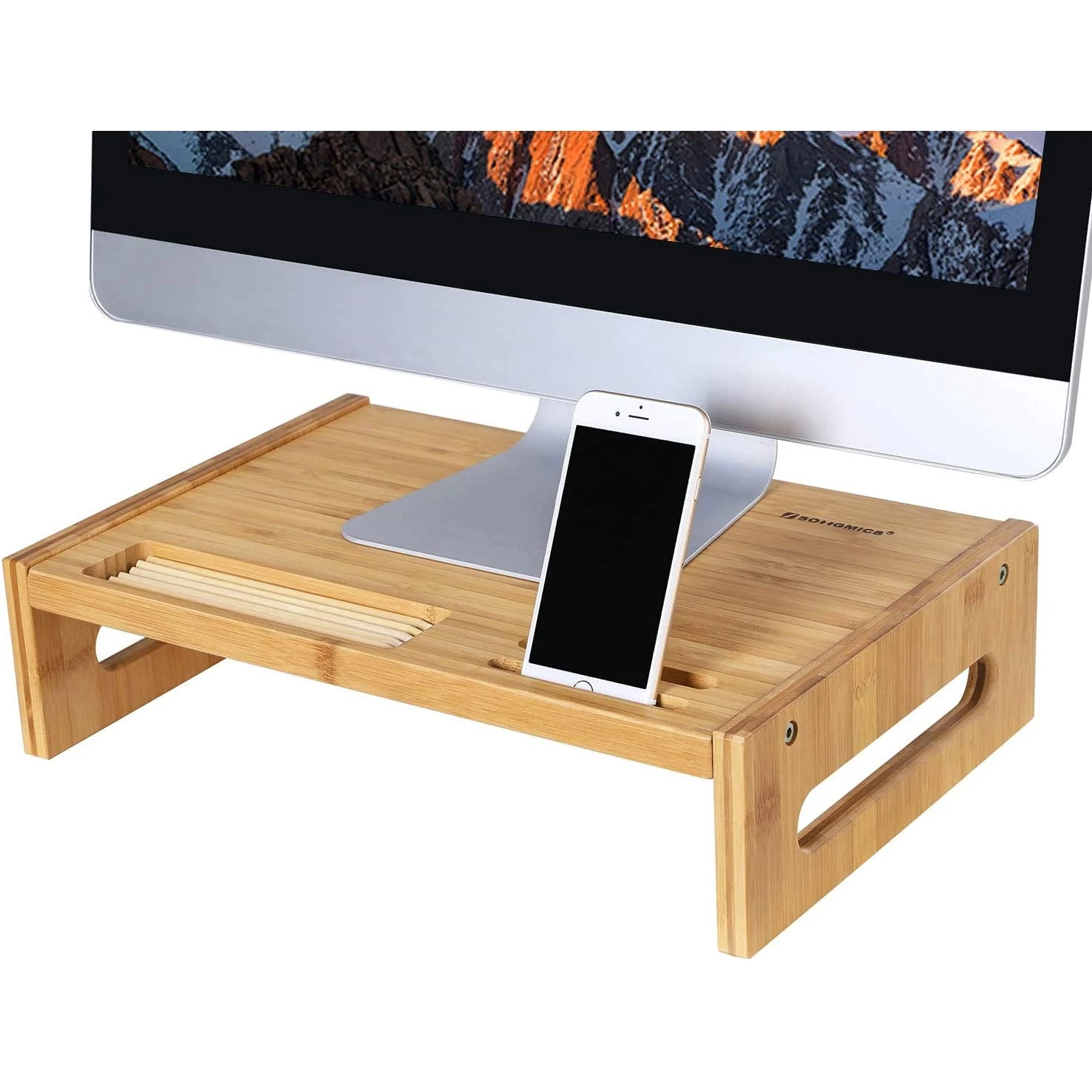 Bambusz monitor állvány, asztali rendszerező 10 cm magas