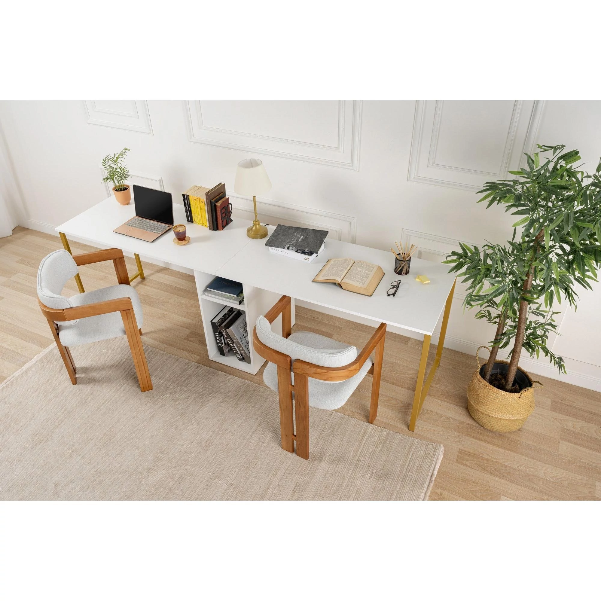 Íróasztal Twin Study Desk - Fehér, Arany