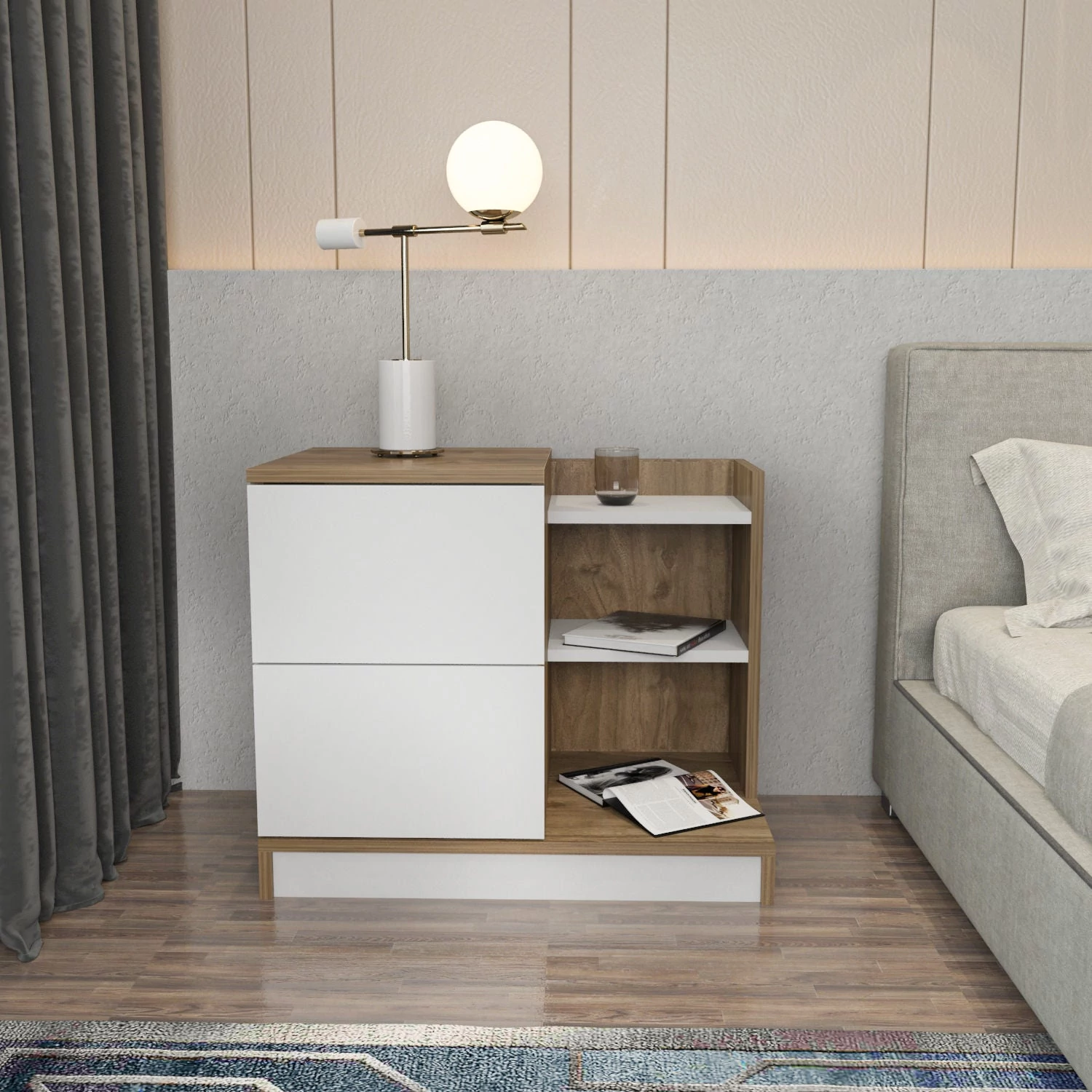 Éjjeliszekrény Rena - White, Walnut