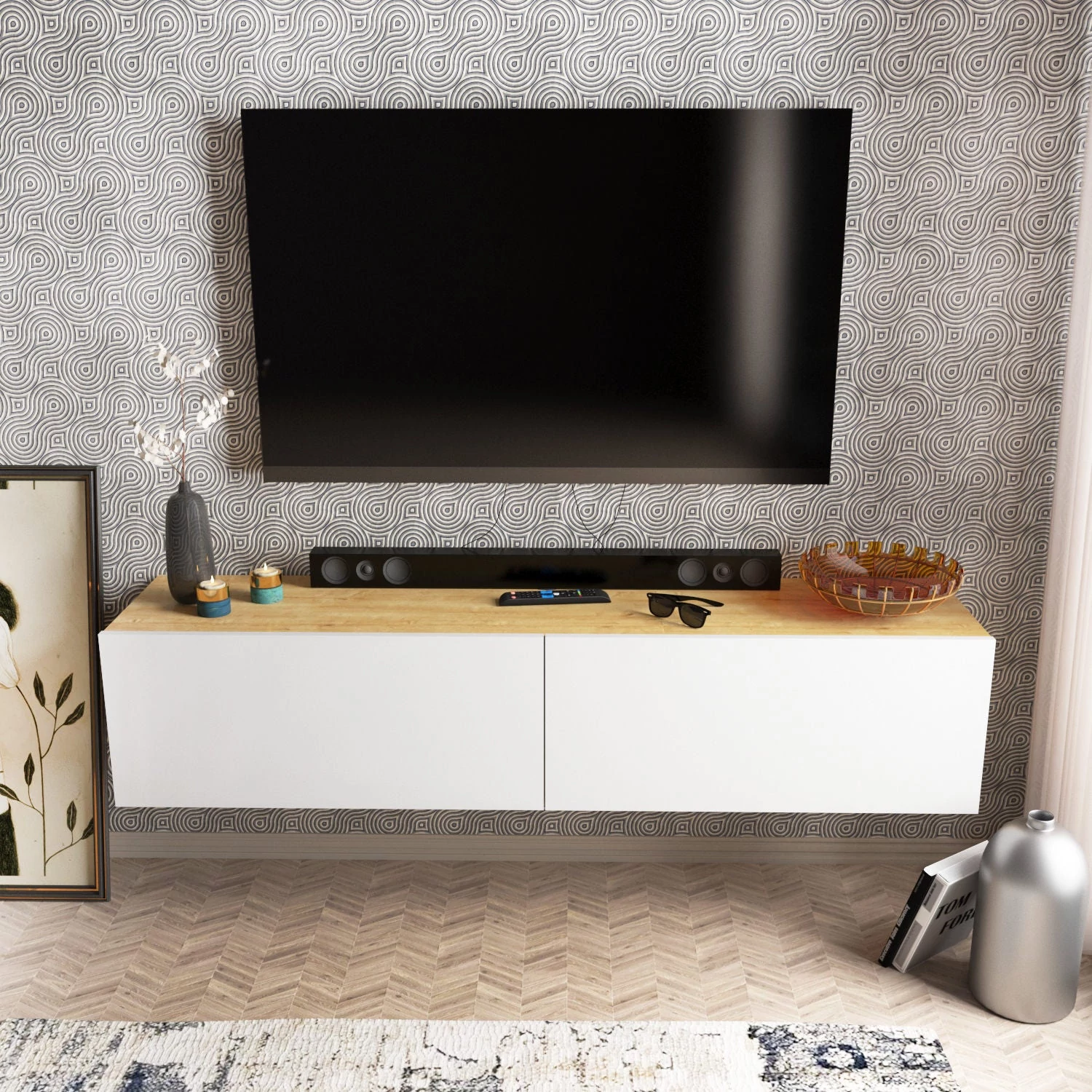 TV szekrény Poling - White, Walnut