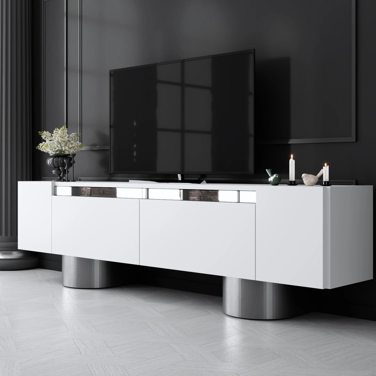 TV szekrény Bohem - White, Silver