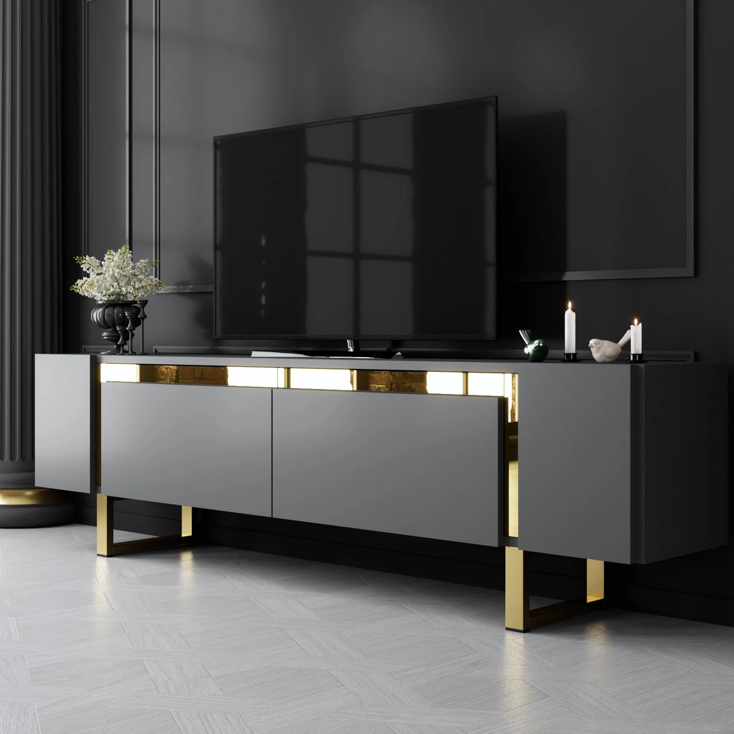 TV szekrény Yildiz - Anthracite, Gold