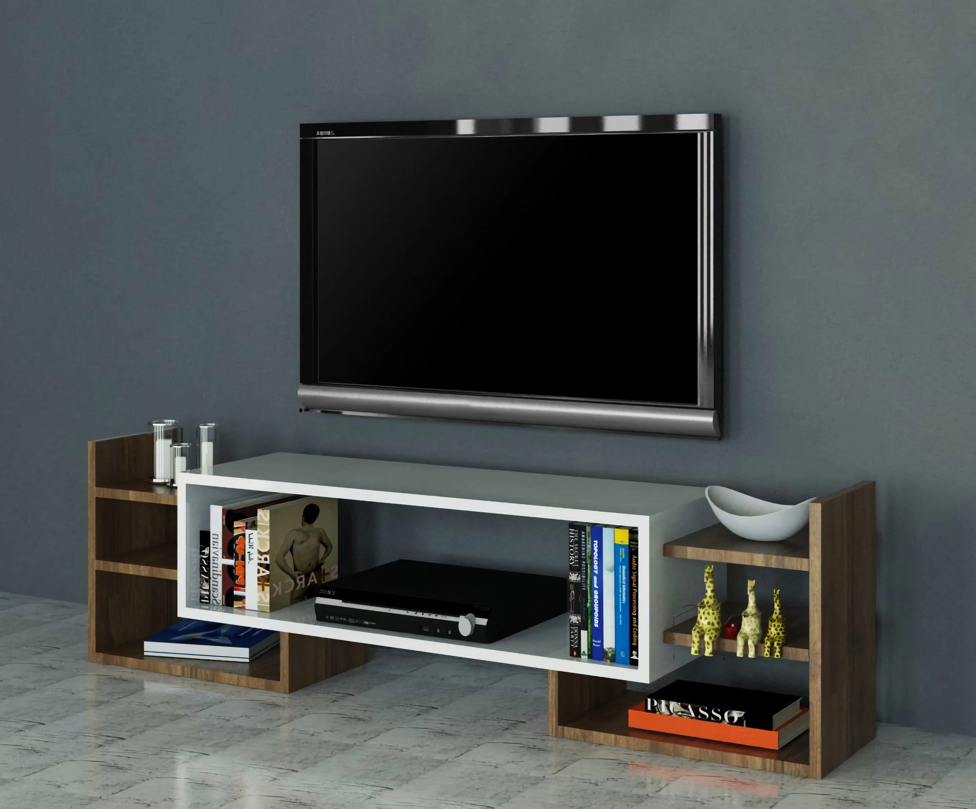 TV szekrény Sema - White, Walnut