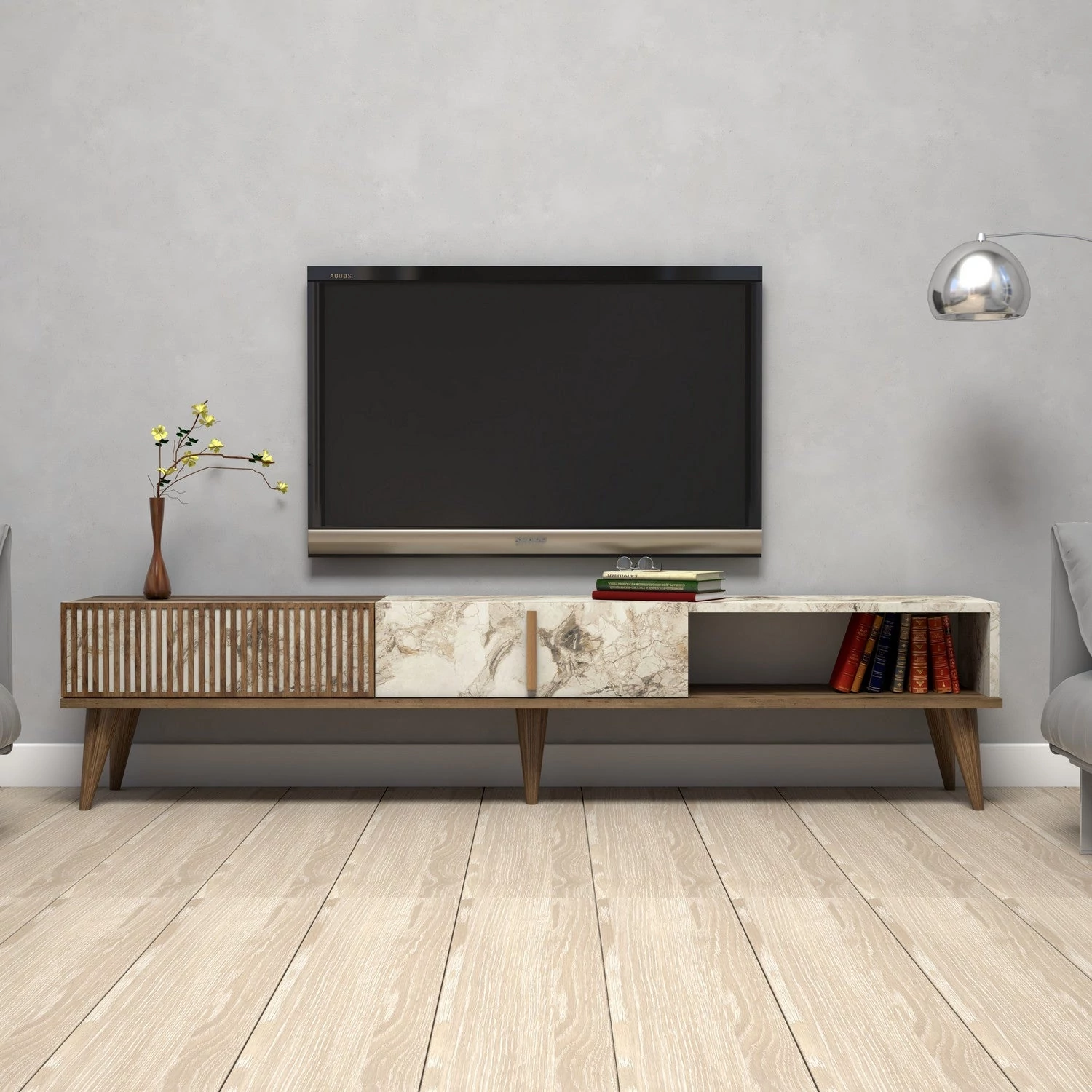 TV szekrény Milan - Diós, Fehér Marble