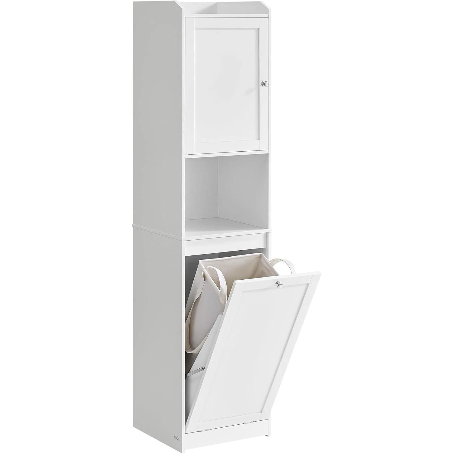 Magas fürdőszobai szekrény szennyeskosárral,  tárolóegységgel, felhőfehér