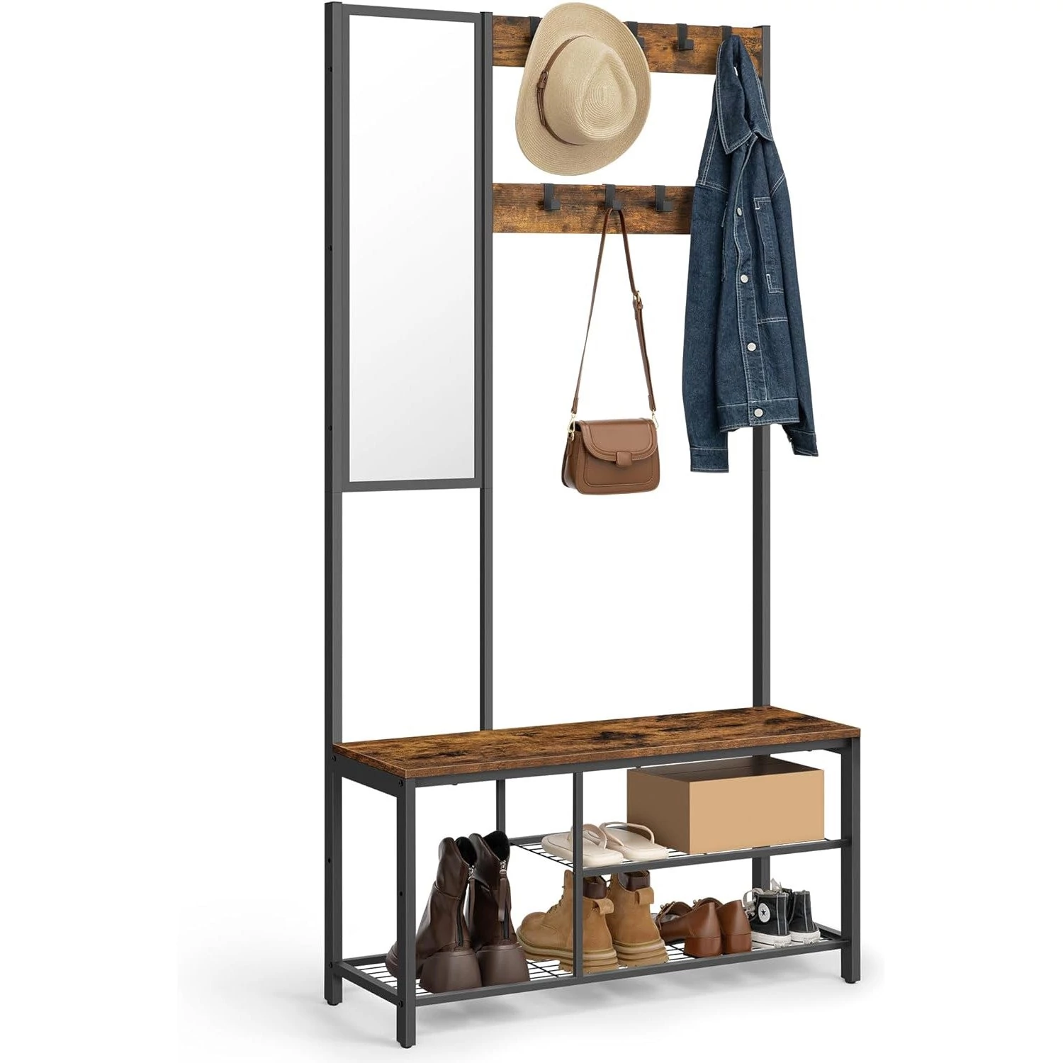 Előszoba fogas polccal, Ruhatartó tükörrel, cipőtartóval és ülőkével, rusztikus barna, 36 x 98 x 185 cm