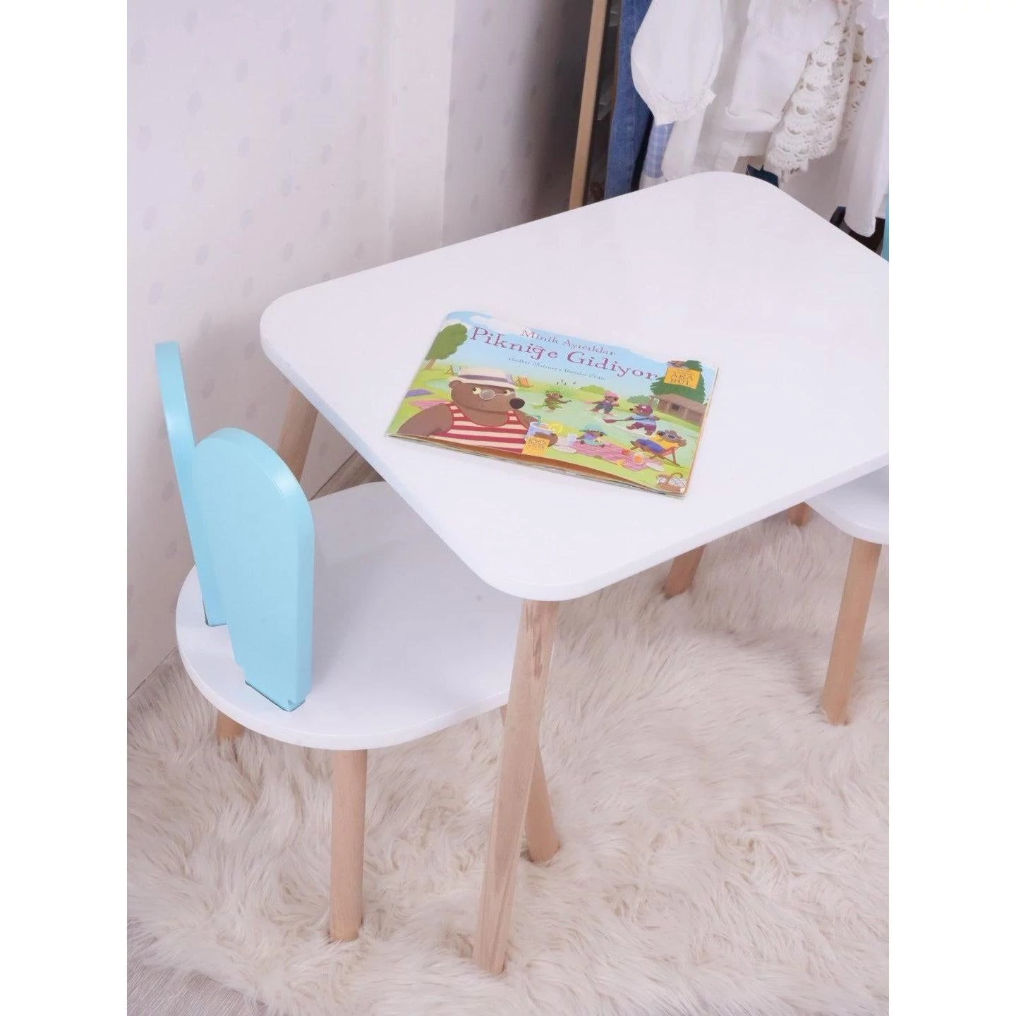 Gyerekasztal székekkel Bunny One Chair Set - Baby Blue, White