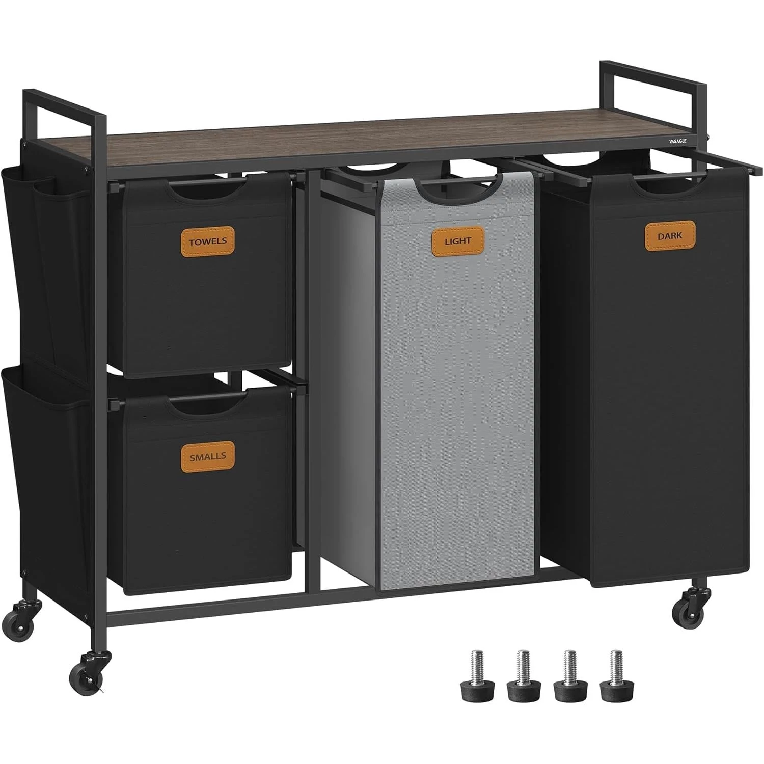 Szennyeskosár 4 rekesszel, 150 L-es ruhaválogató, fekete-szürke