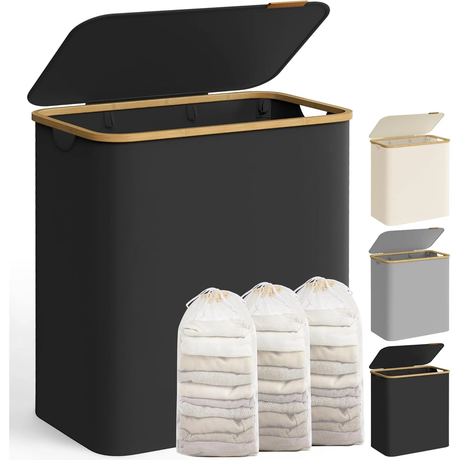 SONGMICS szennyeskosár fedéllel – 3 rekeszes ruhagyűjtő, 150 L űrtartalommal fekete színben