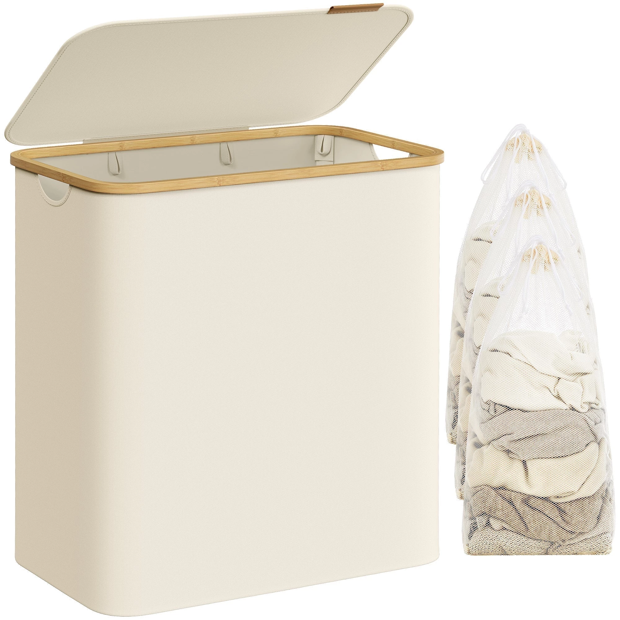 Szennyestartó Oxford szövet, 150L, kivehető hálós zsák, bambusz fogantyú krémfehér