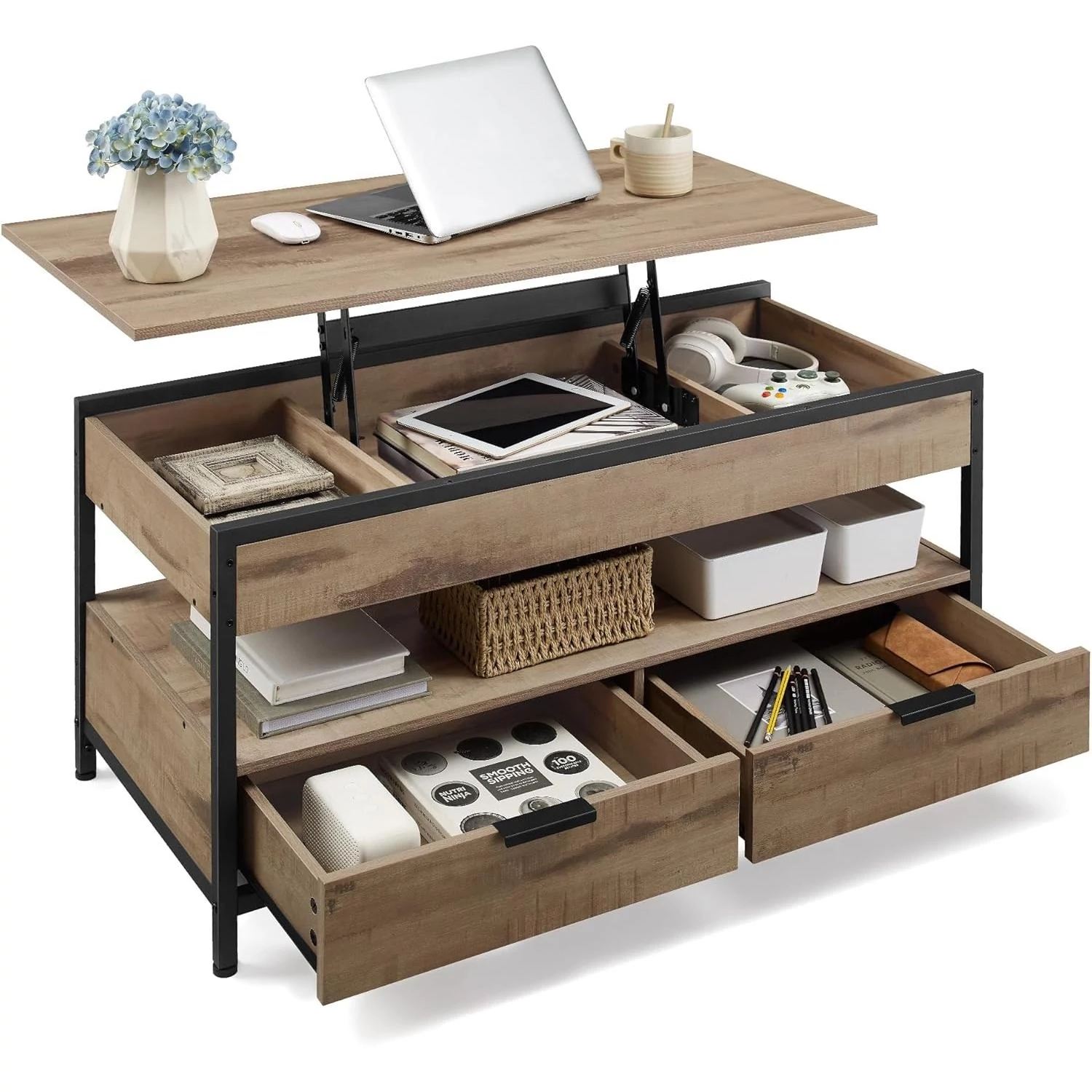 VASAGLE magasságban állítható dohányzóasztal, 50 × 100 cm, karamellbarna–tintafekete színben