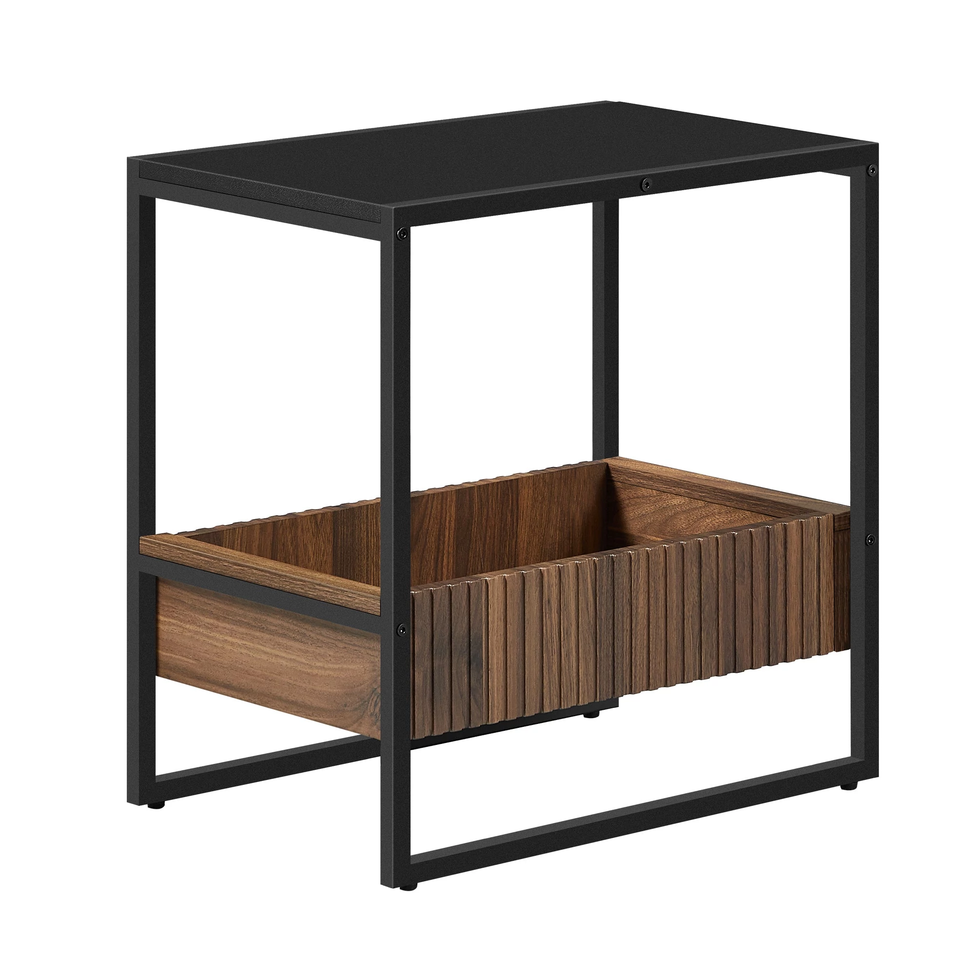 Kis asztal, fekete és diófa rekesszel acél kerettel, 55x35x55cmRusztikus barna/ Fekekte