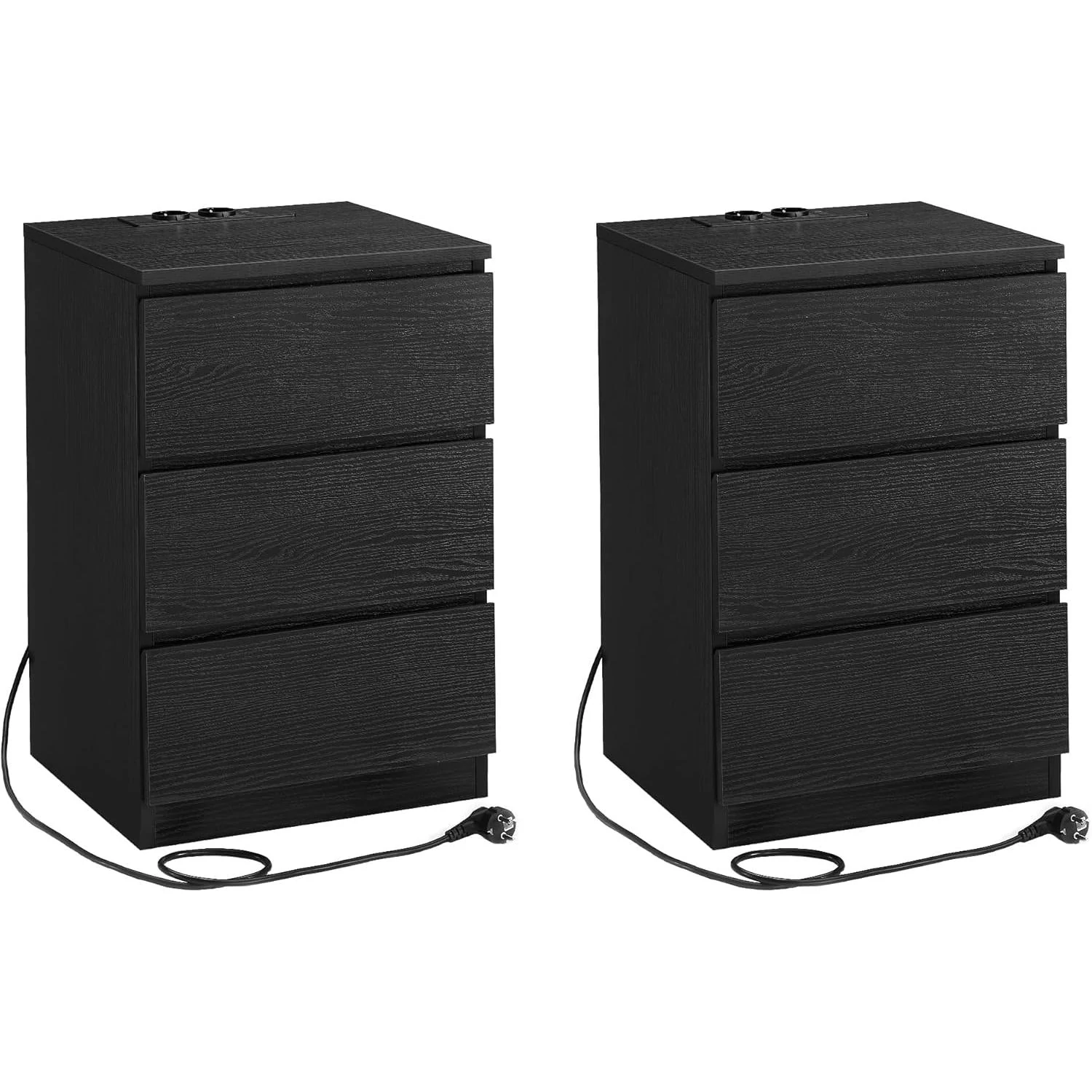 VASAGLE Éjjeliszekrény 2 darabos szett, 2 hálózati aljzattal és 2 USB-porttal, fekete színben
