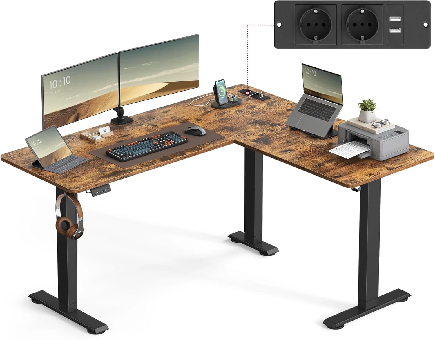 Elektromos L-alakú íróasztal, 140 x 160 cm, beépített töltőállomással rusztikus barna és fekete