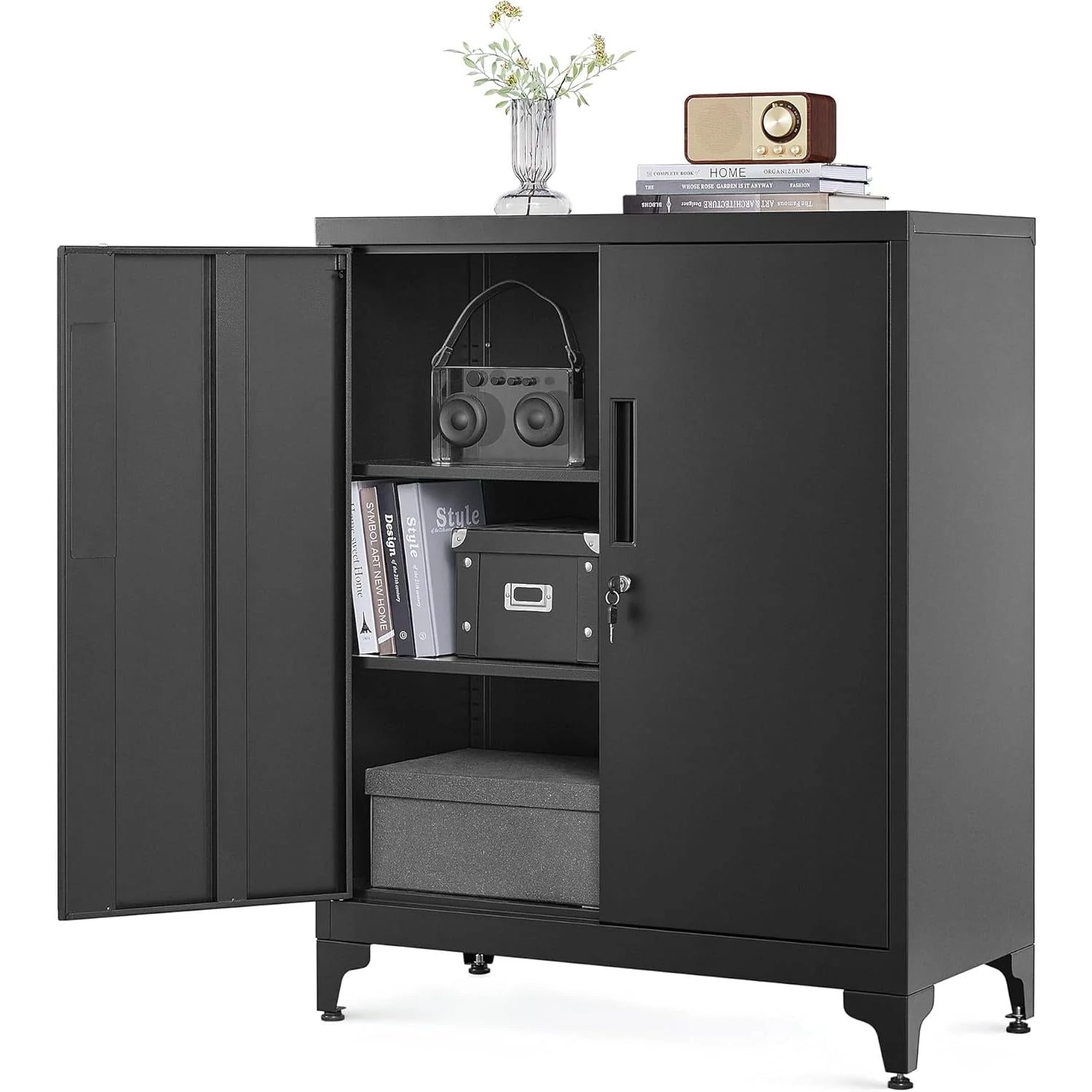 Iratszekrény, többfunkciós garázsszekrény, irodai szekrény 2 ajtóval fekete színben