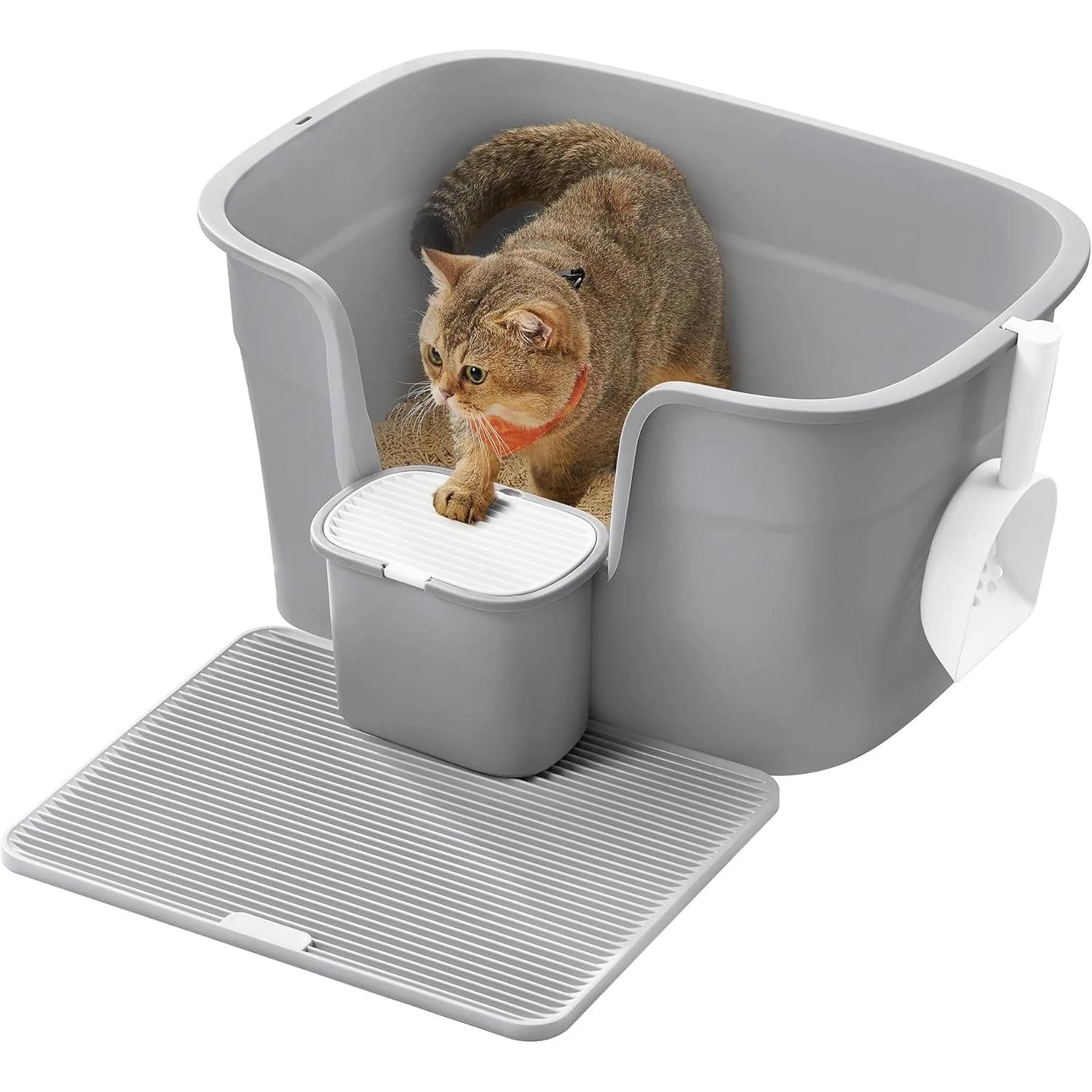 Extra nagy macskaalomdoboz magas oldalfallal, alomfogó ráccsal, szürke színben